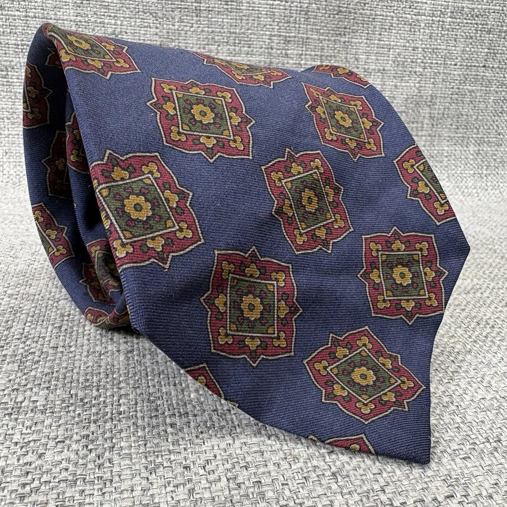Polo Ralph Lauren Silk Tie Navy Blue Medallion Geometric USA Hand Made 56x3.75